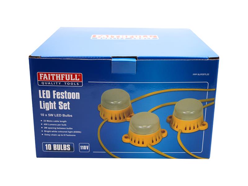 Faithfull Festoon Lights 10 LED Bulbs 110V 22m Power Plus FPPSLFESTL22