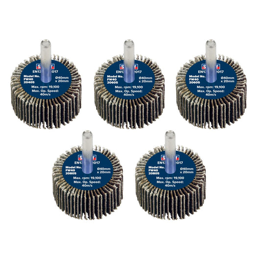 Sealey Flap Wheel �40 x 20mm �6mm Shaft Assorted Grit - Pack of 5 FW4020ASS