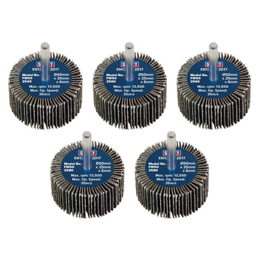 Sealey Flap Wheel �50 x 25mm �6mm Shaft Assorted Grit - Pack of 5 FW5025ASS