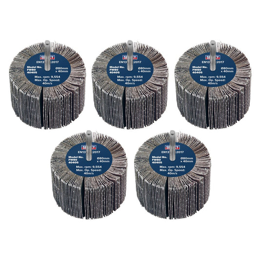 Sealey Abrasive Flap Wheel 80 x 40mm 40Grit 6mm Shaft Pack of 5 FW8040405