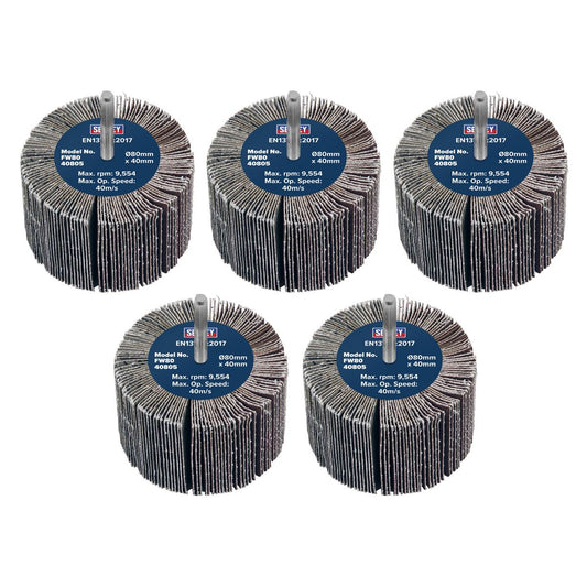 Sealey Abrasive Flap Wheel 80 x 40mm 80Grit 6mm Shaft Pack of 5 FW8040805