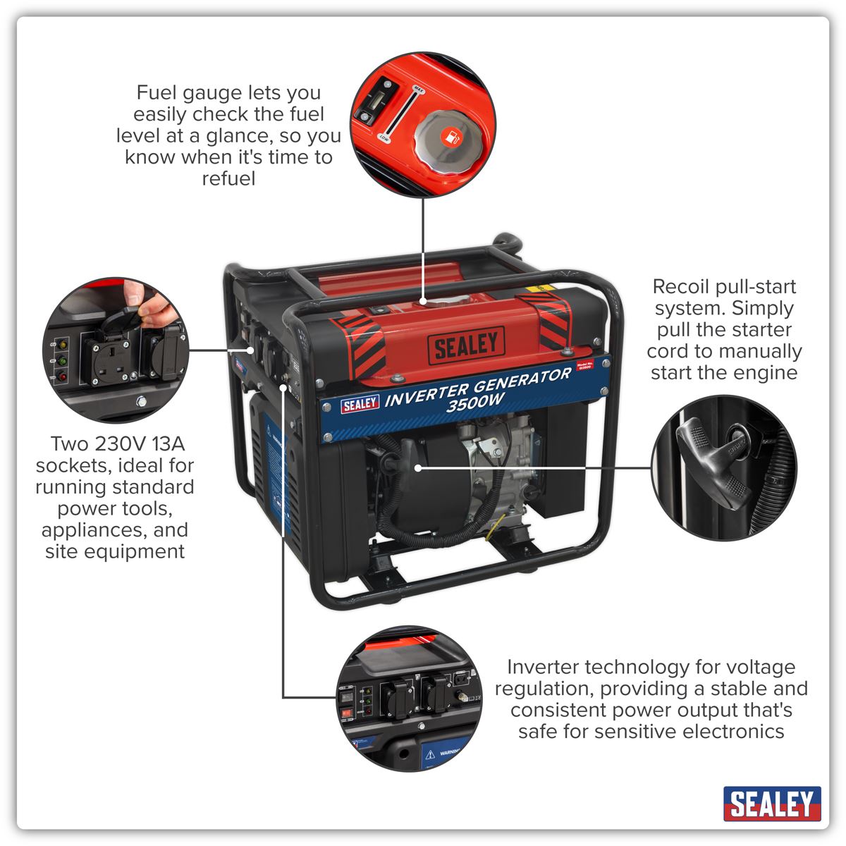 Sealey Inverter Generator 3500W 230V 4 Stroke Engine GI3500