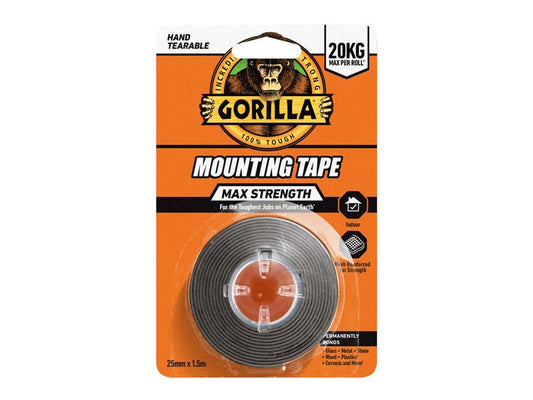 Gorilla Glue Max Strength Indoor Mounting Tape 25mm x 1.5m Black GRGGMSIMTBK