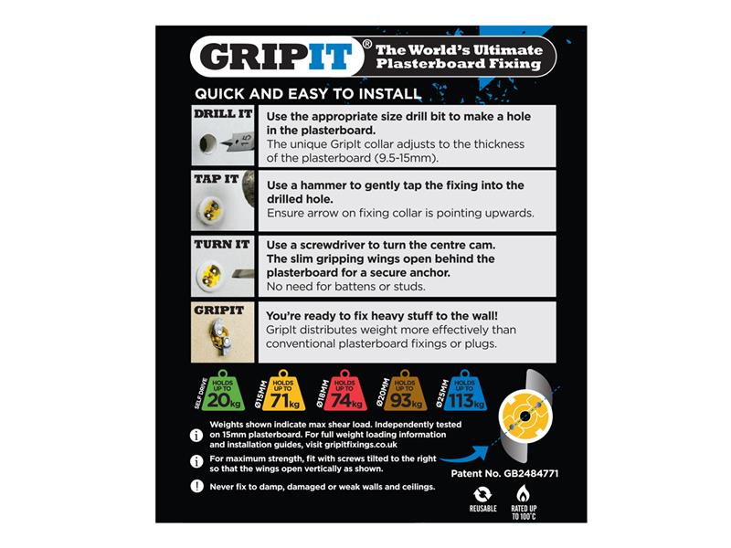 Gripit Yellow Plasterboard Fixings 15mm (Pack 8) GRP158