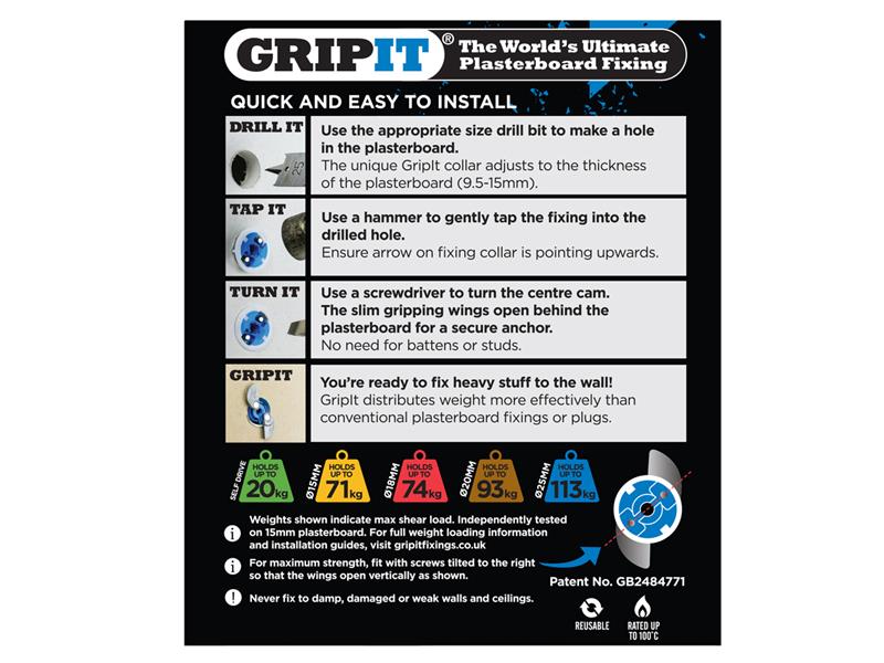 Gripit Blue Plasterboard Fixings 25mm (Pack 100) GRP25100