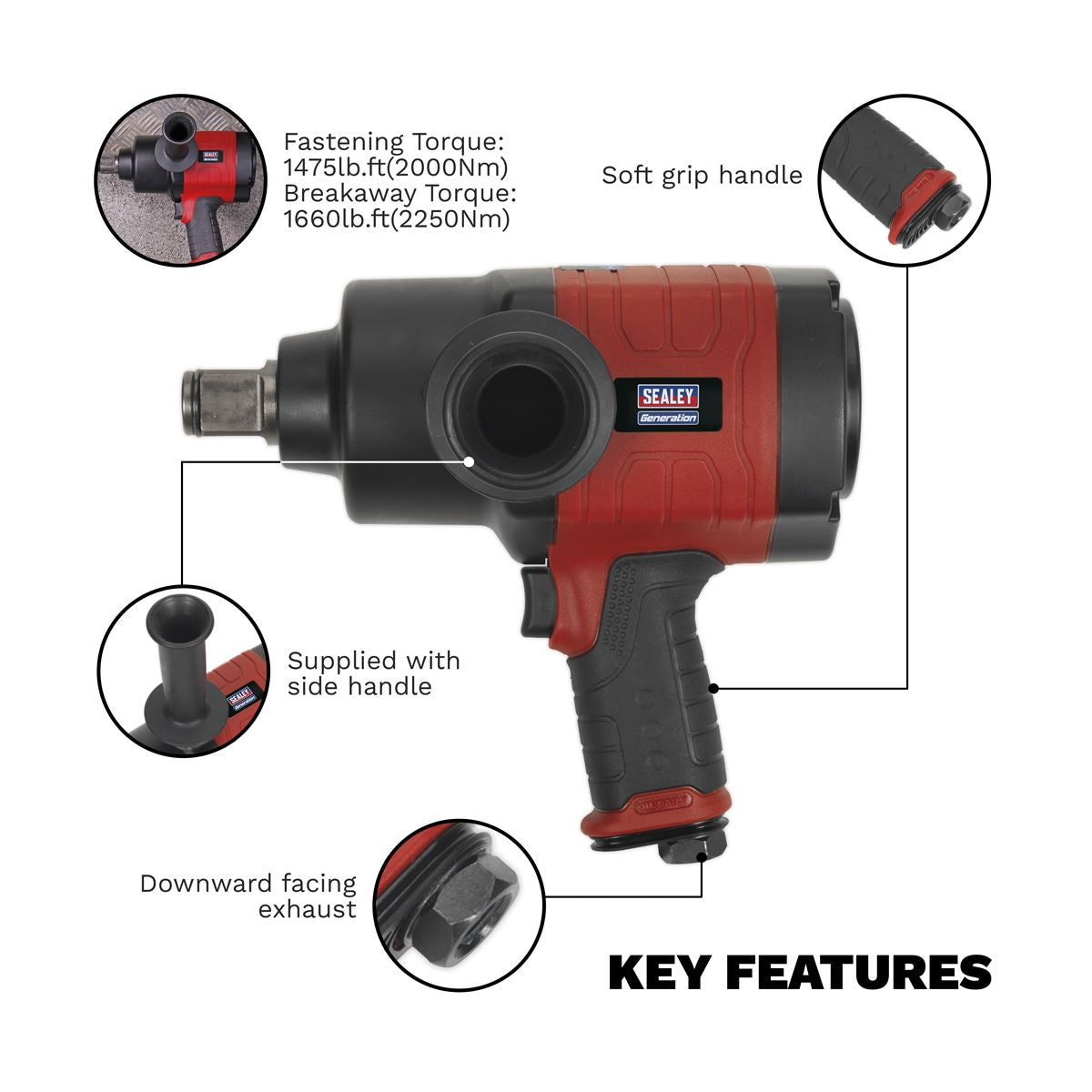 Sealey Air Impact Wrench 1"Sq Drive Twin Hammer Torque 1660lb.ft 2250Nm GSA6005