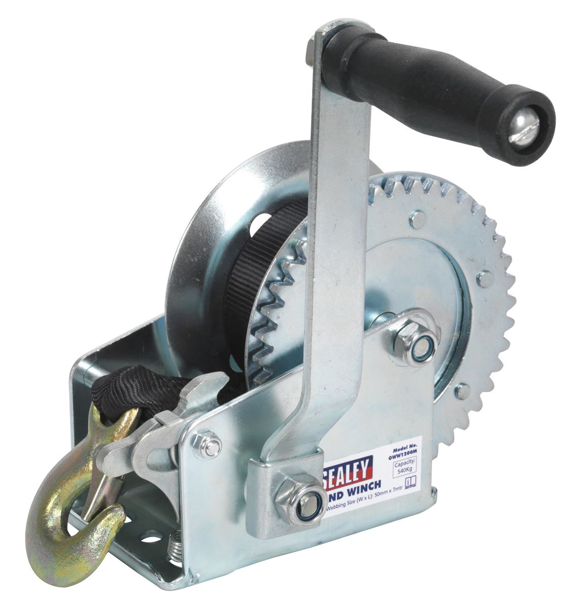 Sealey Geared Hand Winch 540kg Capacity with Webbing Strap GWW1200M