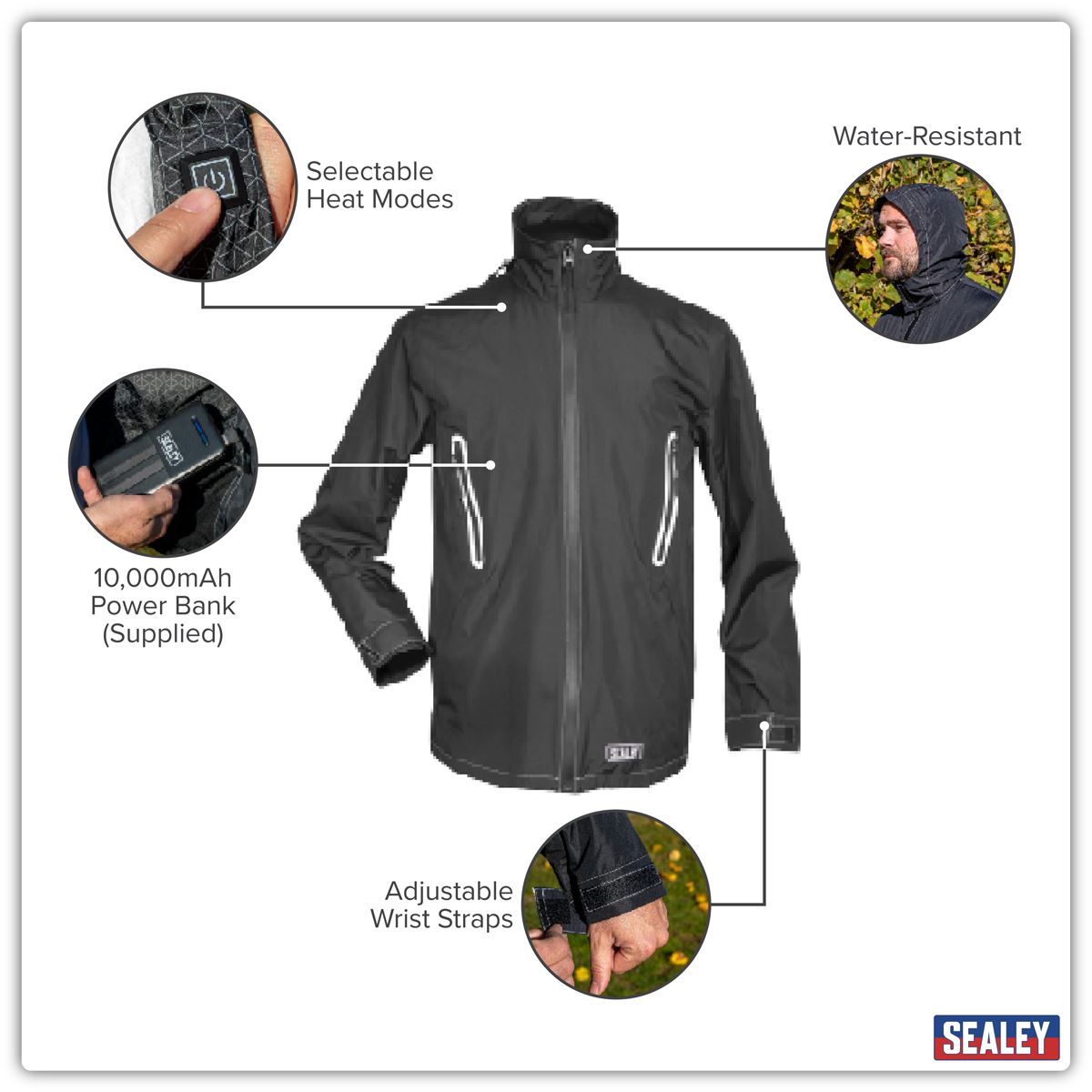 Sealey 5V Heated Rain Jacket Medium and Power Bank 20Ah Wind Resistant HJ06KIT