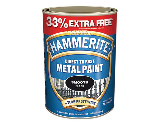 Hammerite Direct to Rust Smooth Finish Metal Paint Black 750ml + 33% HMMSFB750AV