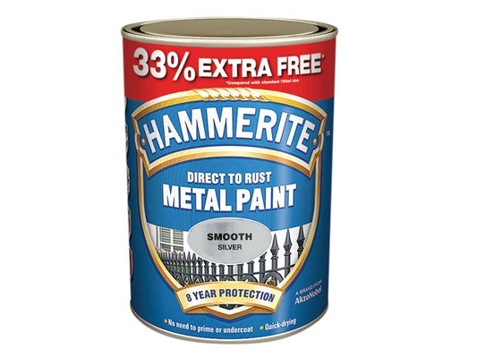 Hammerite Direct to Rust Smooth Finish Metal Paint Silver 750ml + 33% HMMSFS750AV