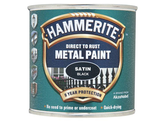 Hammerite Direct to Rust Satin Finish Metal Paint Black 250ml HMMSFSB250