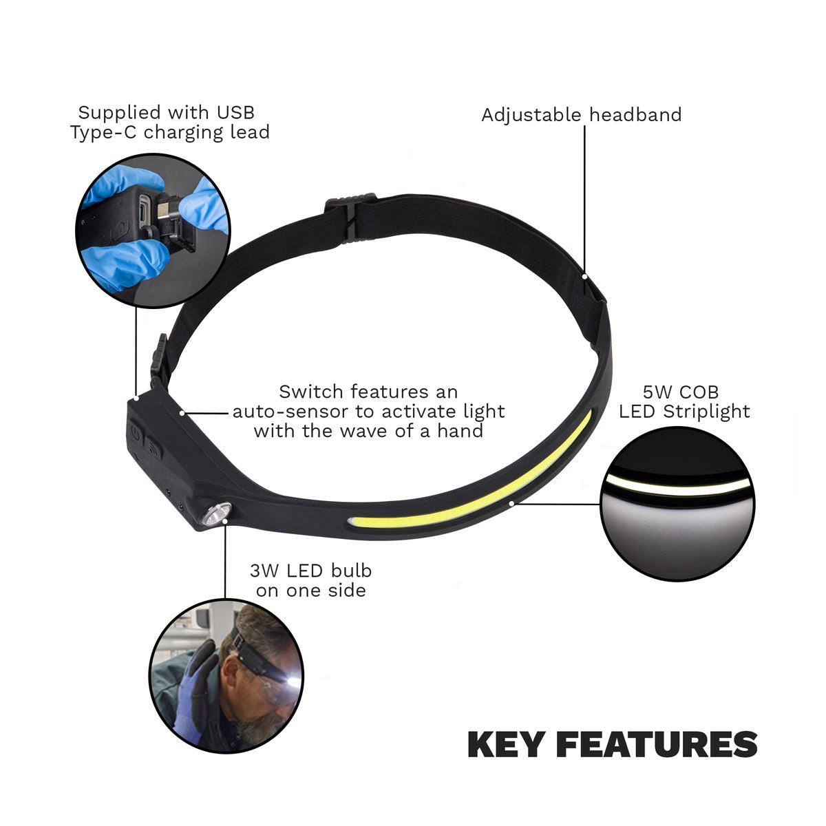 Sealey Head Torch 5W COB & 3W LED Bulb with Auto-Sensor Rechargeable HT104R