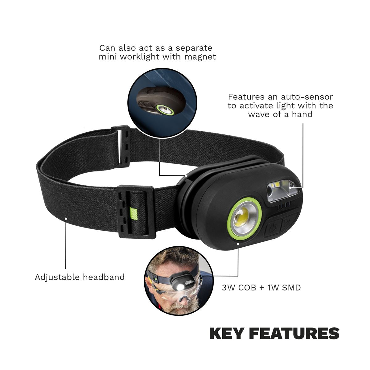 Sealey Rechargeable Headlight with Auto-Sensor 3W COB & 1W SMD LED HT300R