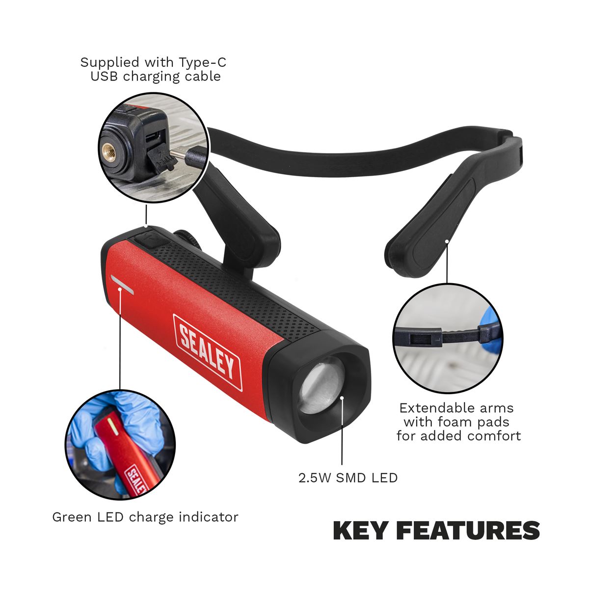 Sealey Rechargeable Head Torch 2.5W SMD LED HT301R