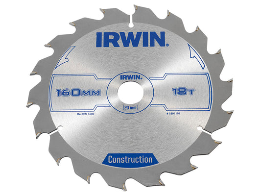 IRWIN® Construction Circular Saw Blade 160 x 20mm x 18T ATB IRW1897191