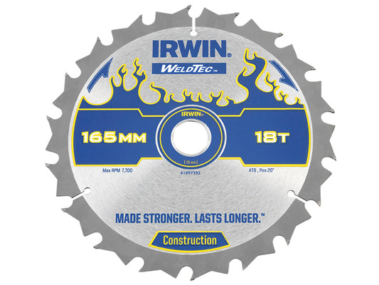IRWIN® Weldtec Cordless Circular Saw Blades 165 x 20mm x 18T ATB IRW1897392
