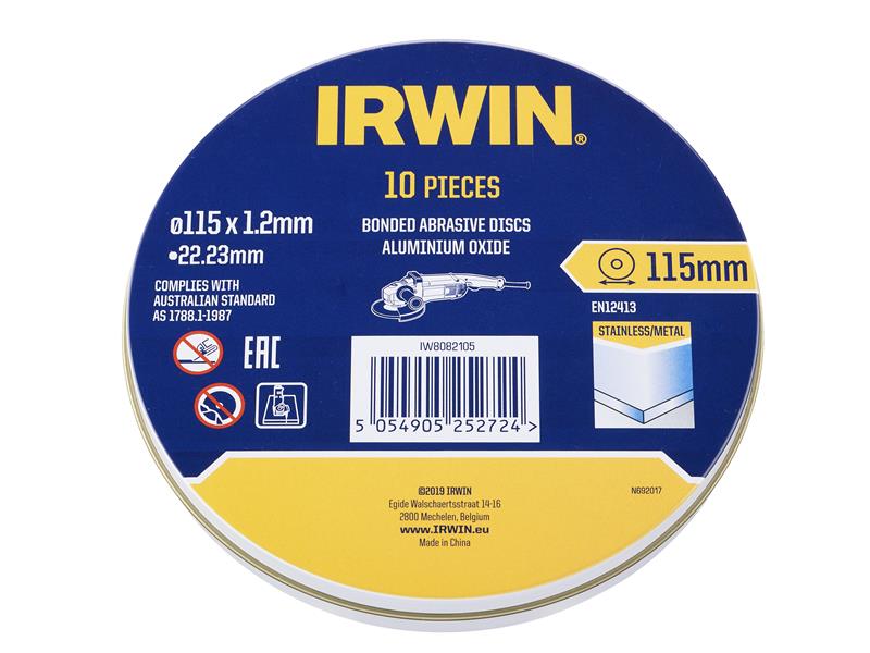 IRWIN Metal Cutting Disc 115 x 1.2 x 22.2mm Tin of 10 IRWIW8082105