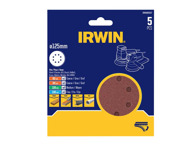 IRWIN 125mm Sanding Disc Set 5 Piece Mixed Grits IRWIW8083527