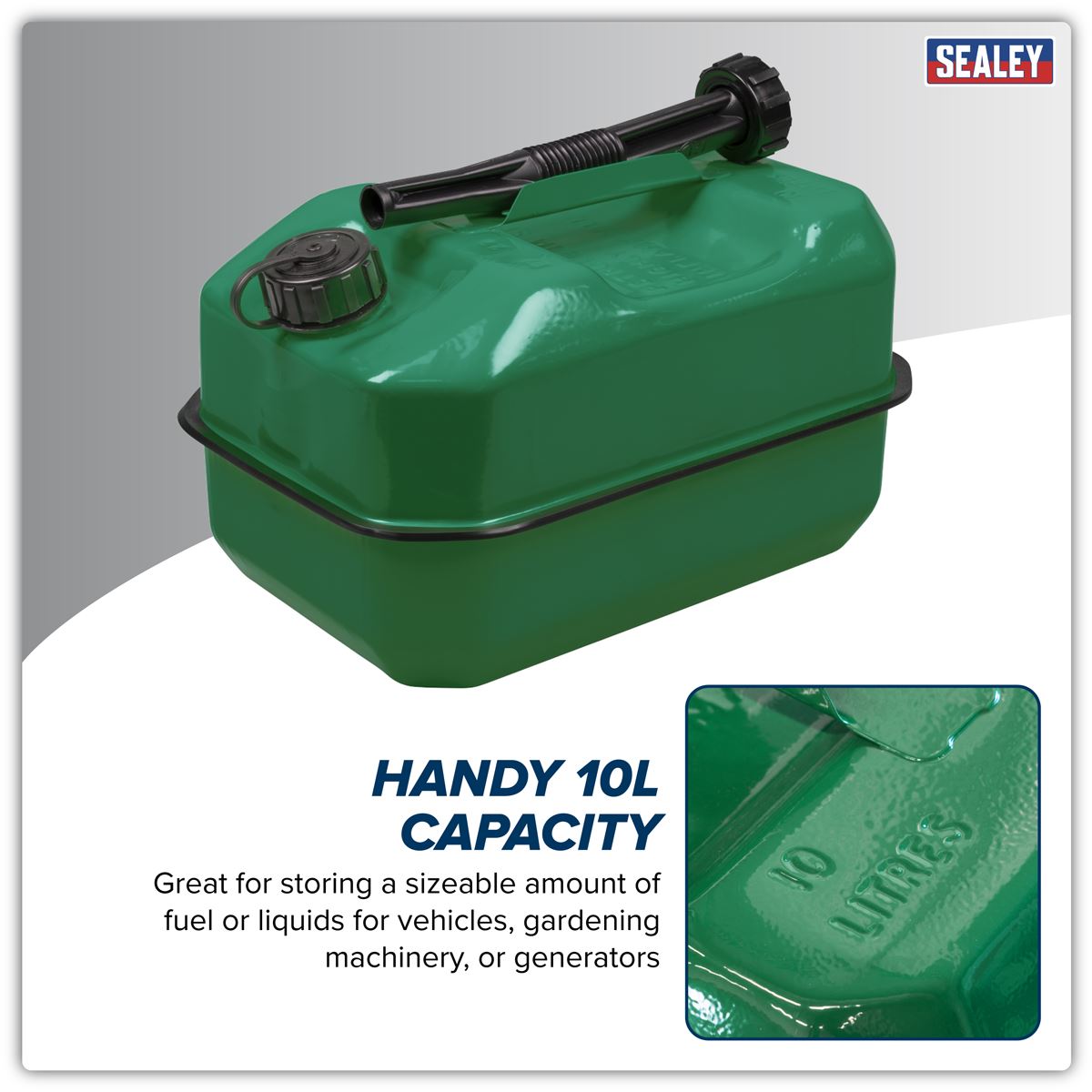 Sealey Jerry Can 10L Green With Pouring Spout Wide Flat Design JC10RG
