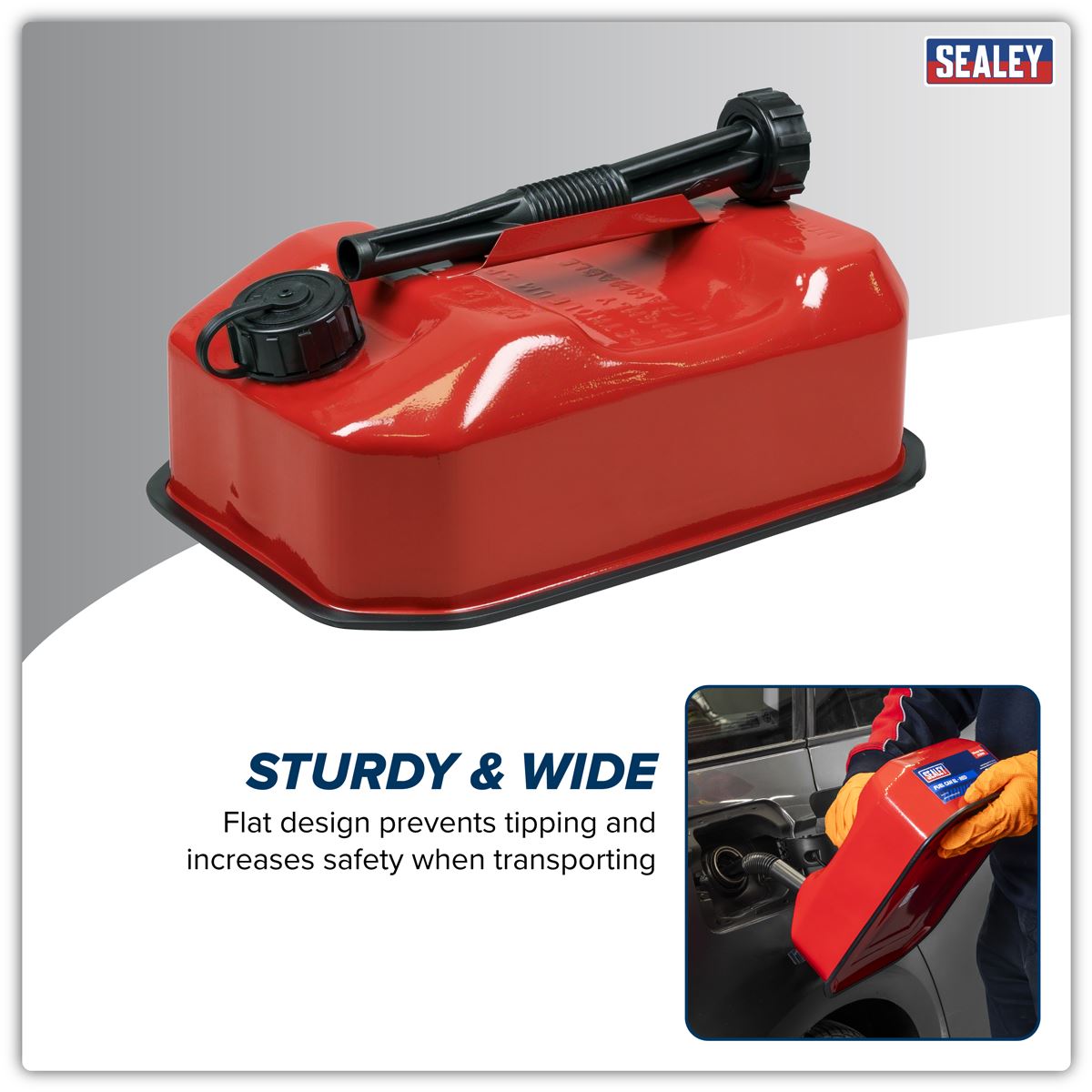 Sealey Jerry Can 5L Red With Pouring Spout Wide Flat Design JC5RR