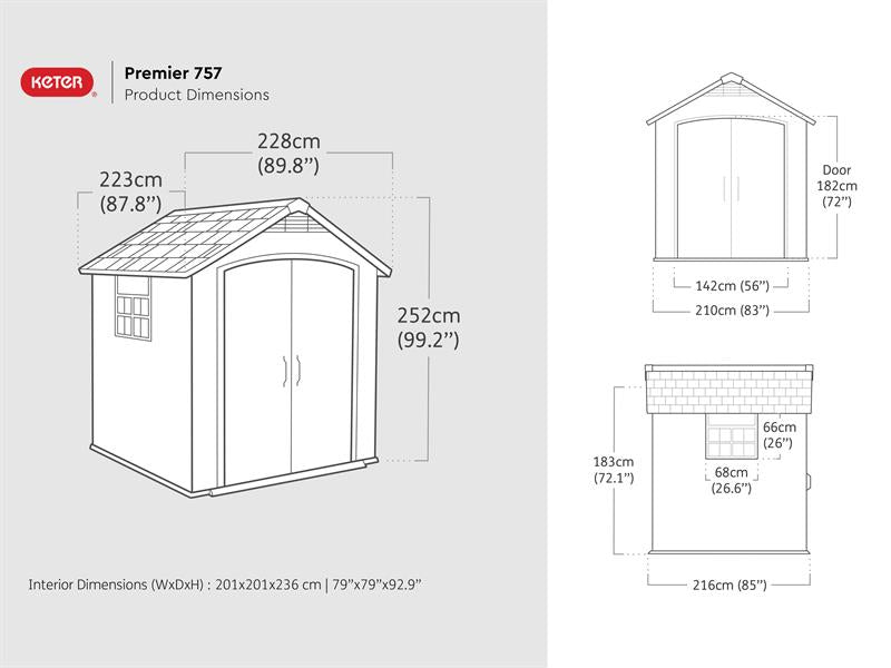 Keter Premier Shed Grey 7.5 x 7ft Capacity 304 cu ft Entry Width142cm KET249198