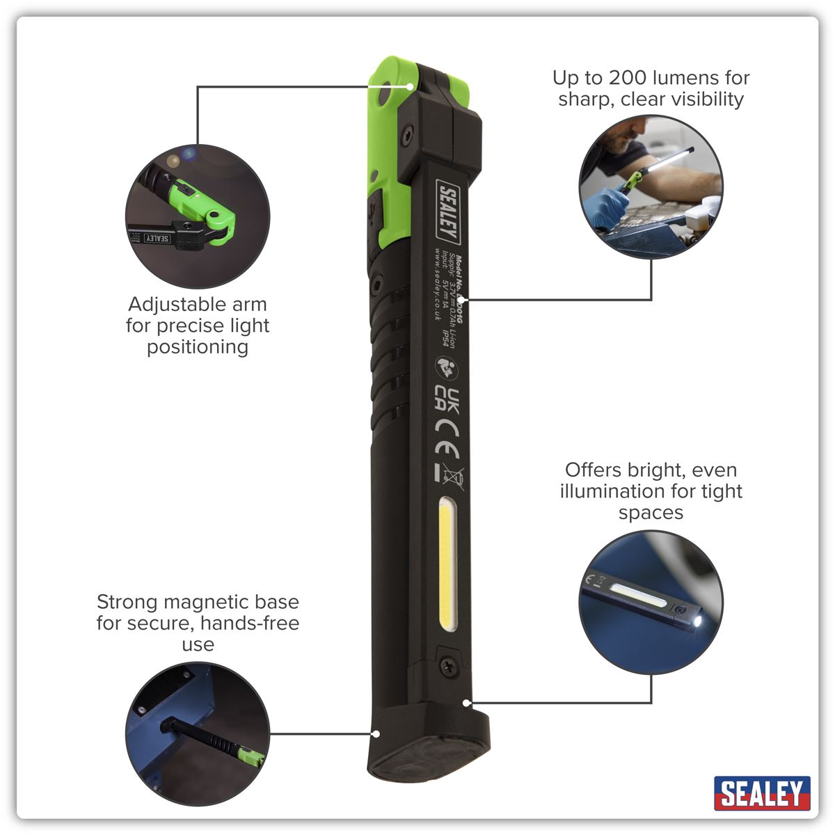 Sealey Rechargeable Slim Folding Pocket Light 2 COB & 1 SMD LED - Green LED01G