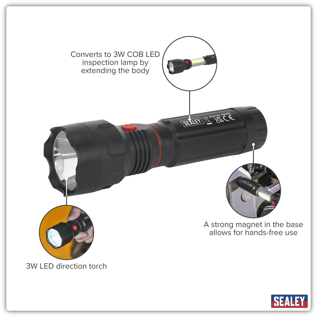 Sealey Torch/Inspection Light 3W COB & 3W LED 4 x AAA Cell LED069