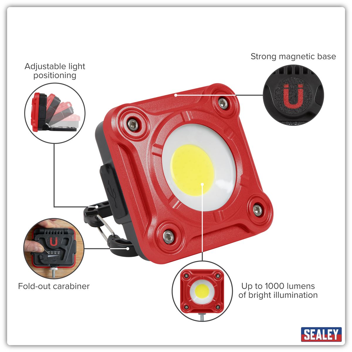 Sealey Rechargeable Pocket Floodlight 10W COB LED 3.7V 2Ah lithium batt LED1000