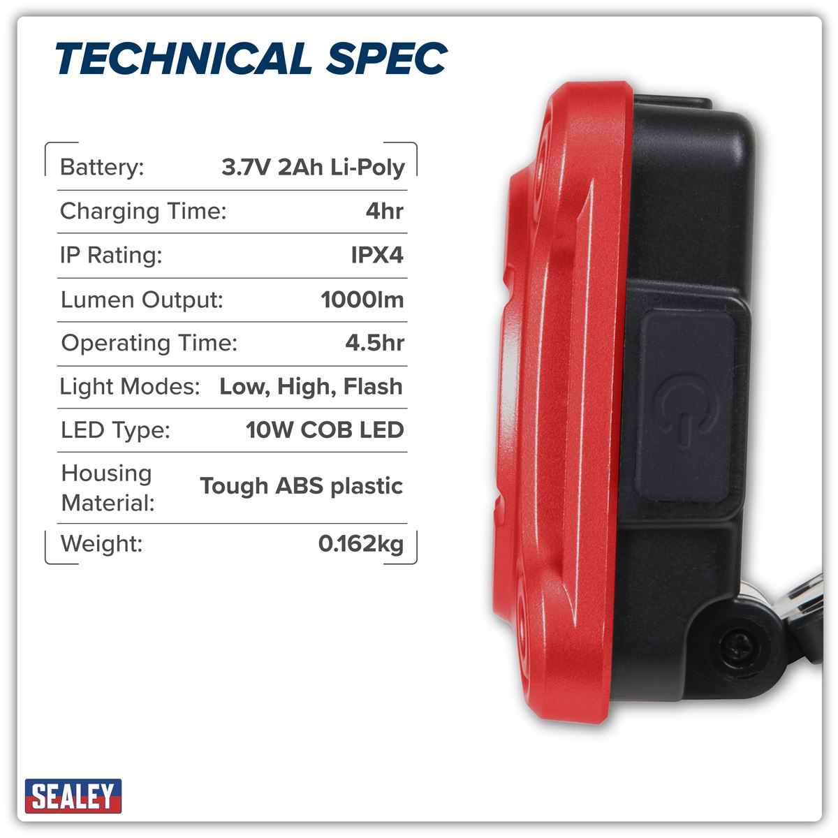 Sealey Rechargeable Pocket Floodlight 10W COB LED 3.7V 2Ah lithium batt LED1000