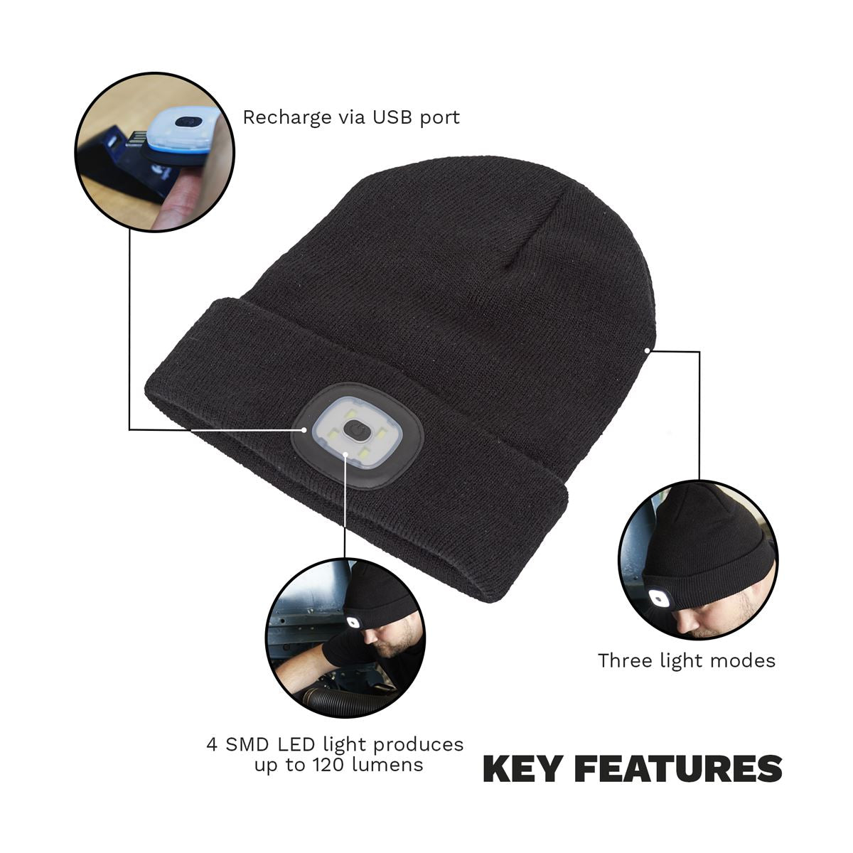 Sealey Beanie Hat 1W SMD LED USB Rechargeable LED185