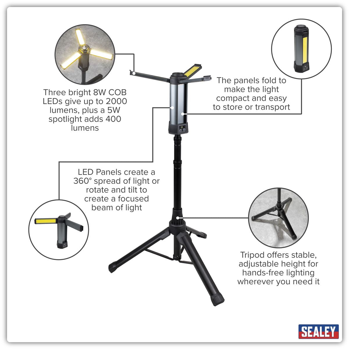 Sealey Rechargeable Flexible Floodlight Tripod 24W COB LED & 5W SMD LED LED240