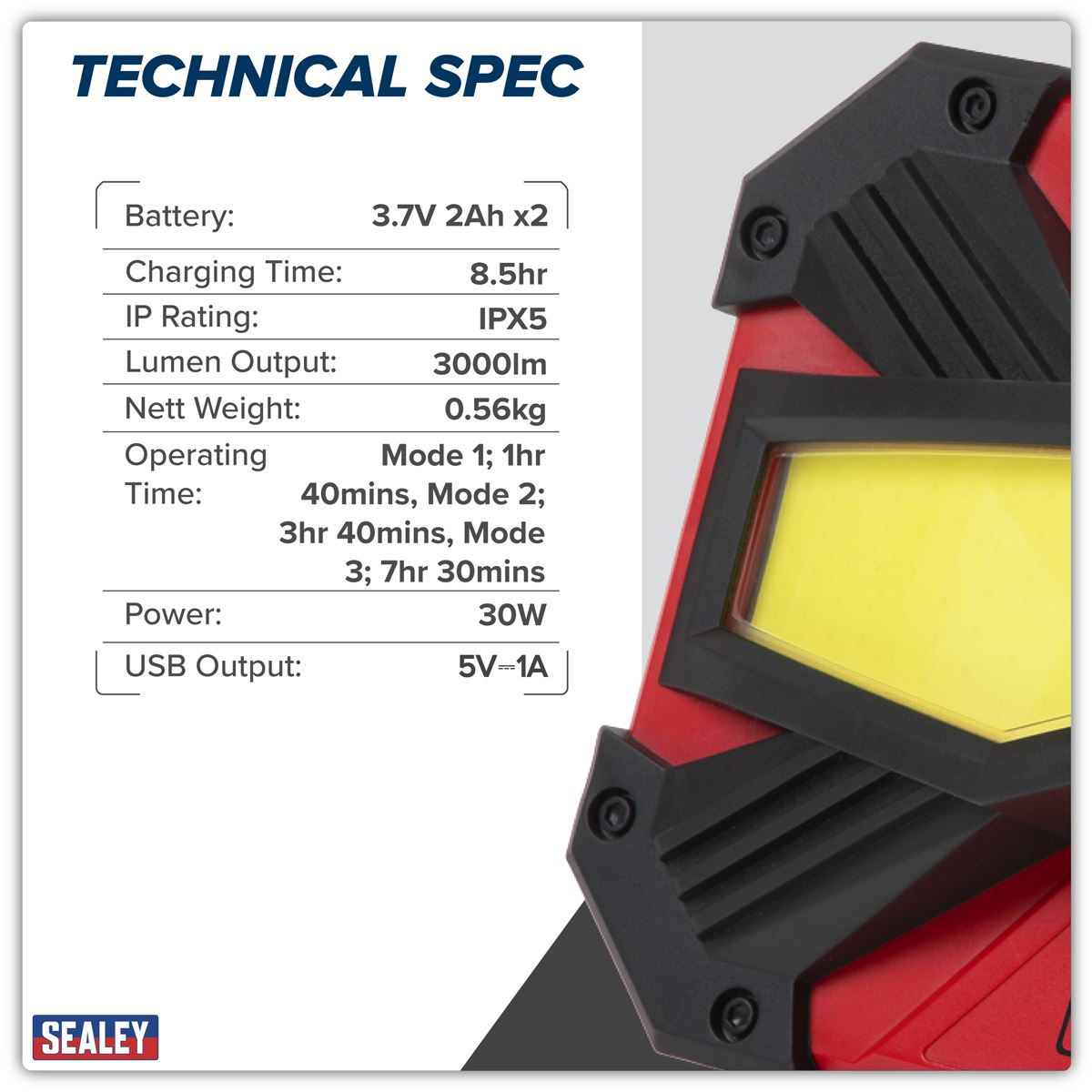 Sealey Rechargeable Portable Floodlight & Power Bank 30W COB LED LED3000