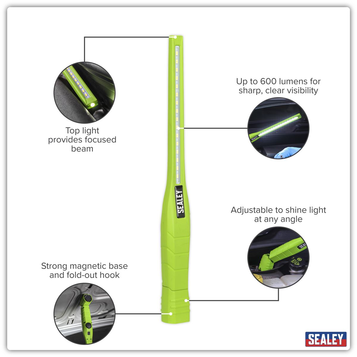 Sealey Rechargeable 360� Slim Inspection Light 8W & 1W SMD LED Green Lithium-ion LED3604G