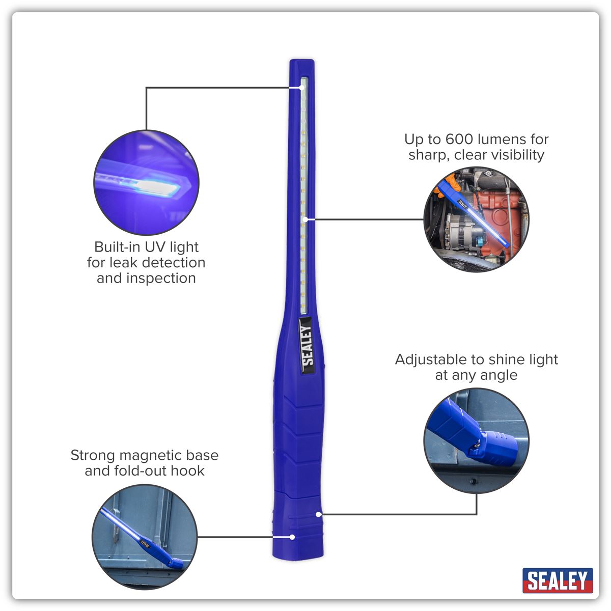 Sealey Rechargeable 360� Slim Inspection Light 8W & 1W SMD LED& UV Light Black Lithium-ion LED3604UV