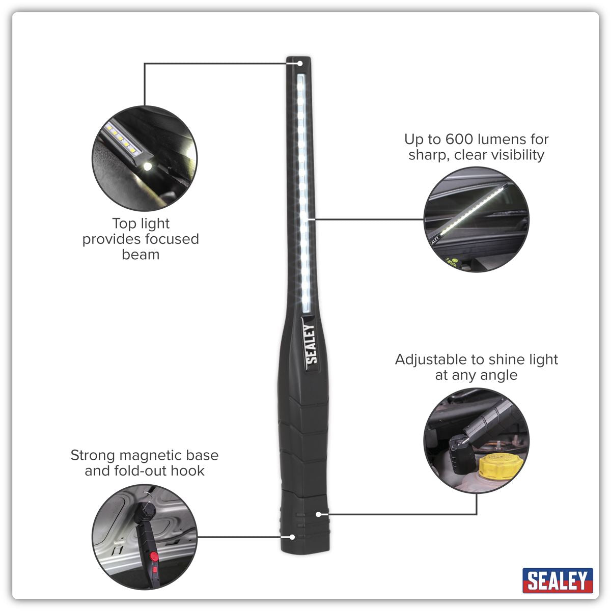 Sealey Rechargeable 360� Slim Inspection Light 8W & 1W SMD LED Black Lithium-ion LED3604