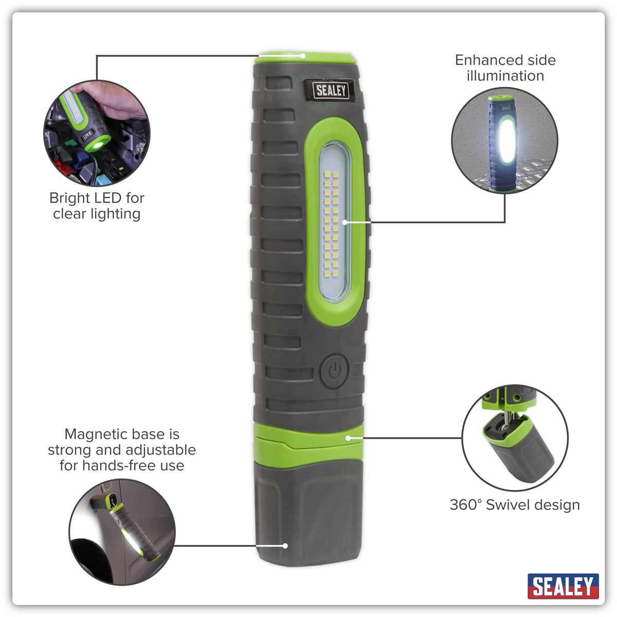 Sealey Rechargeable 360� Inspection Lamp 24 SMD & 3W SMD LED Green 2 x Lithium-ion LED3606G