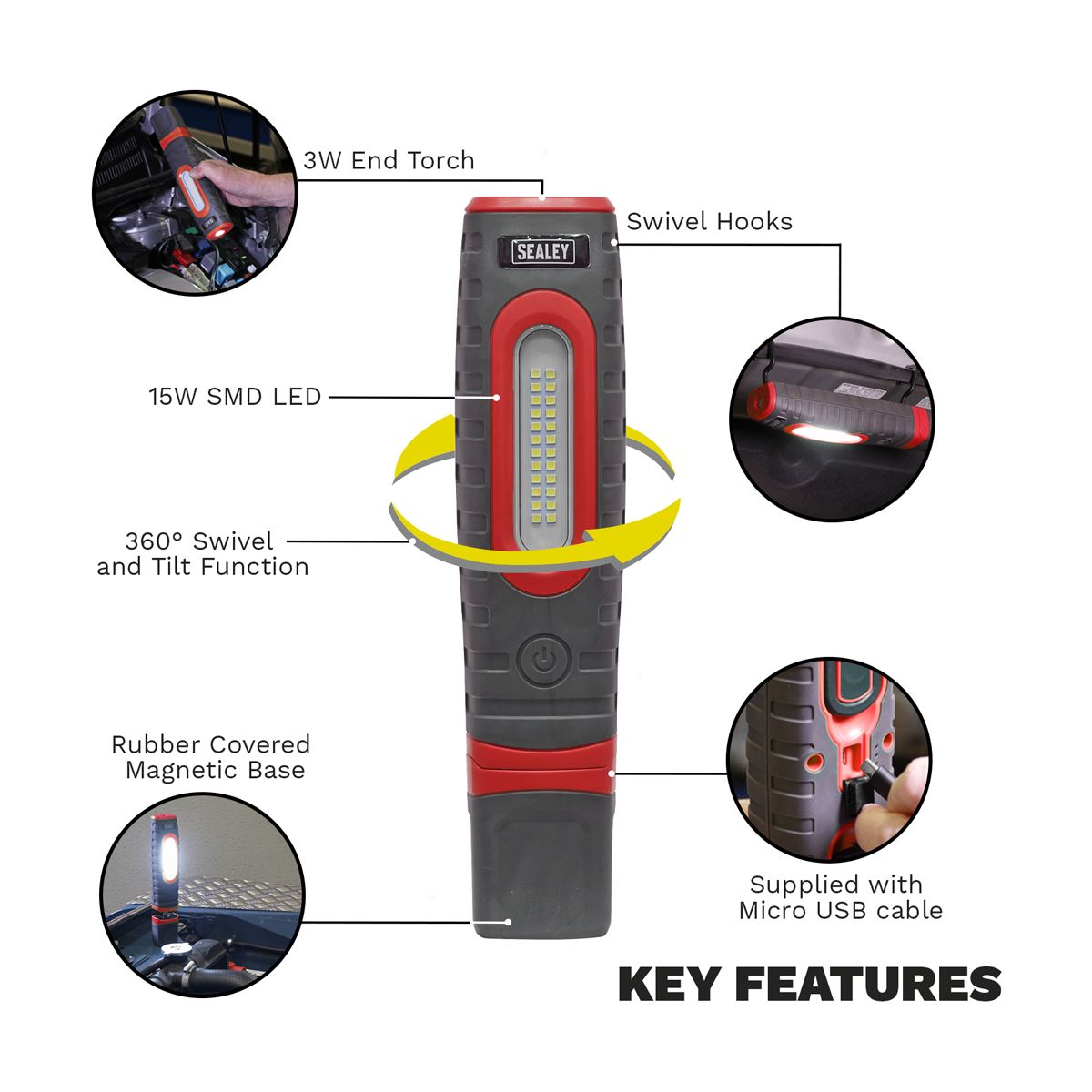 Sealey Rechargeable 360� Inspection Light 24 SMD & 3W SMD LED Red 2 x Lithium-ion LED3606R