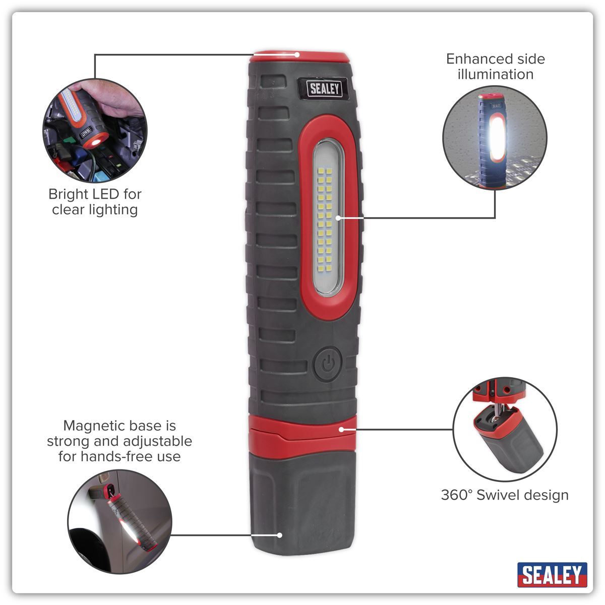 Sealey Rechargeable 360� Inspection Light 24 SMD & 3W SMD LED Red 2 x Lithium-ion LED3606R