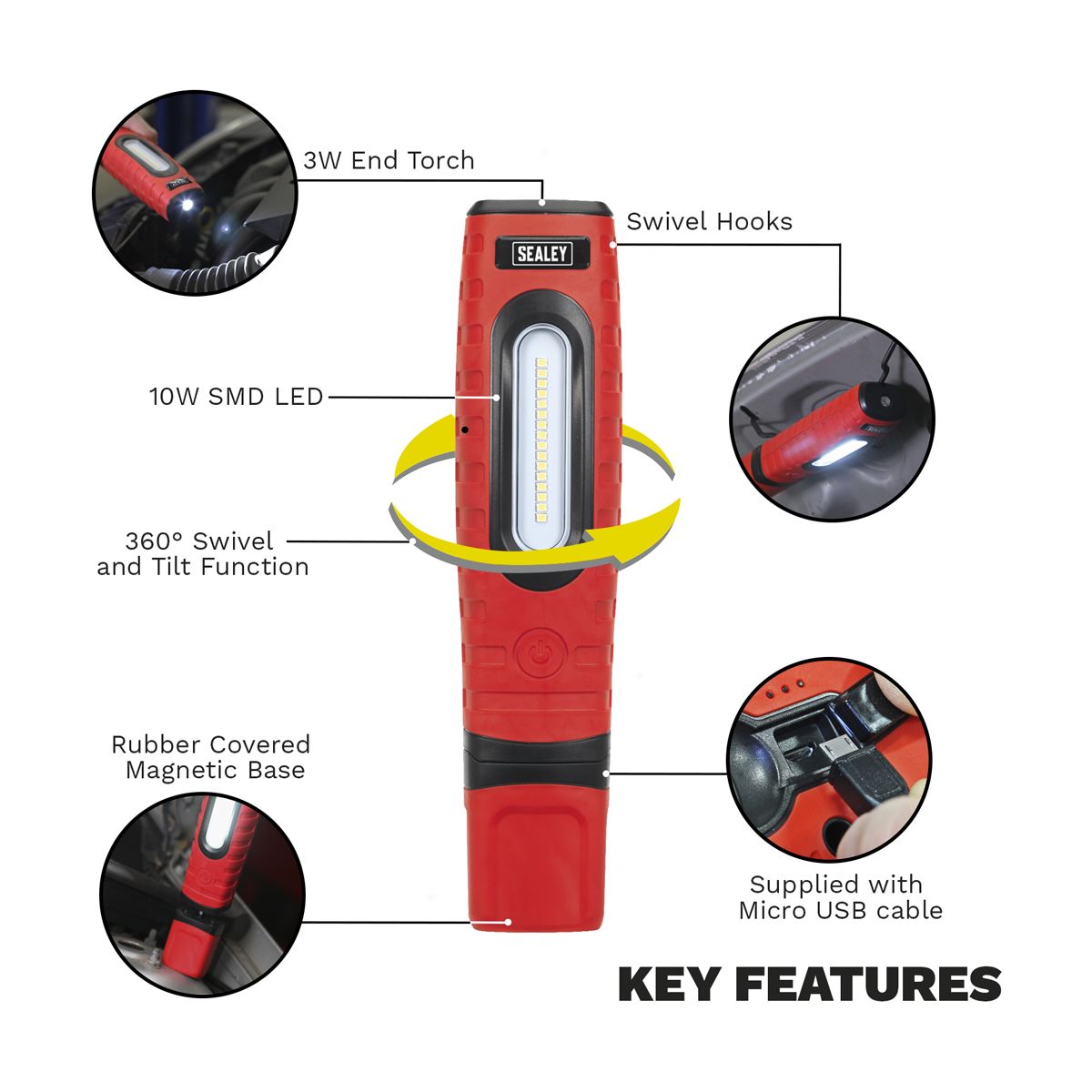 Sealey Rechargeable 360� Inspection Light 16 SMD LED & 3W LED Red 2 x Lithium-ion LED360PLUSR