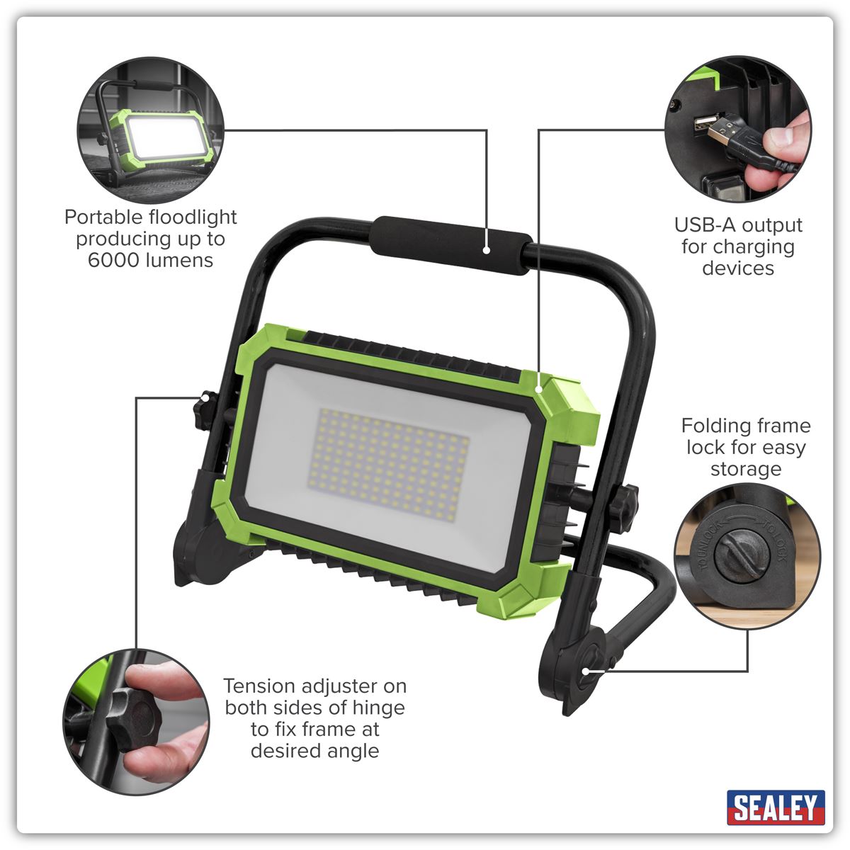 Sealey Portable Floodlight 50W SMD LED 230V size 320 x 270 x 65mm LED50WL