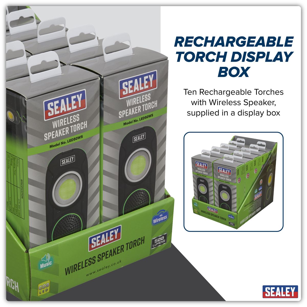 Sealey Rechargeable Torch with Wireless Speaker 10W COB LED - Display Box of 10 LED50WSDB