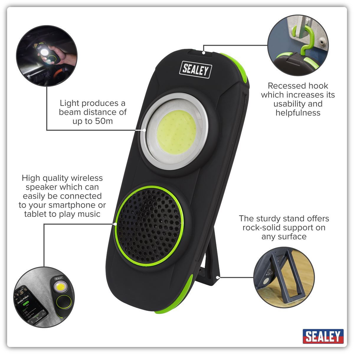 Sealey Rechargeable Torch with Wireless Speaker 10W COB LED - Display Box of 10 LED50WSDB