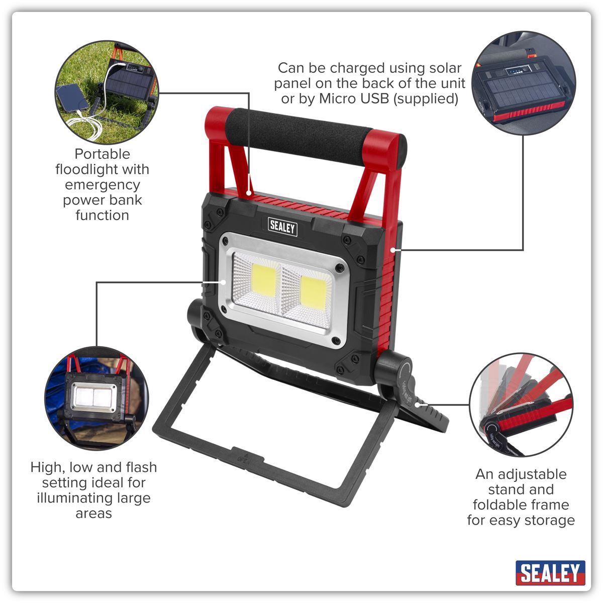 Sealey 15W COB LED Solar Powered Rechargeable Portable Floodlight LEDFL15WS