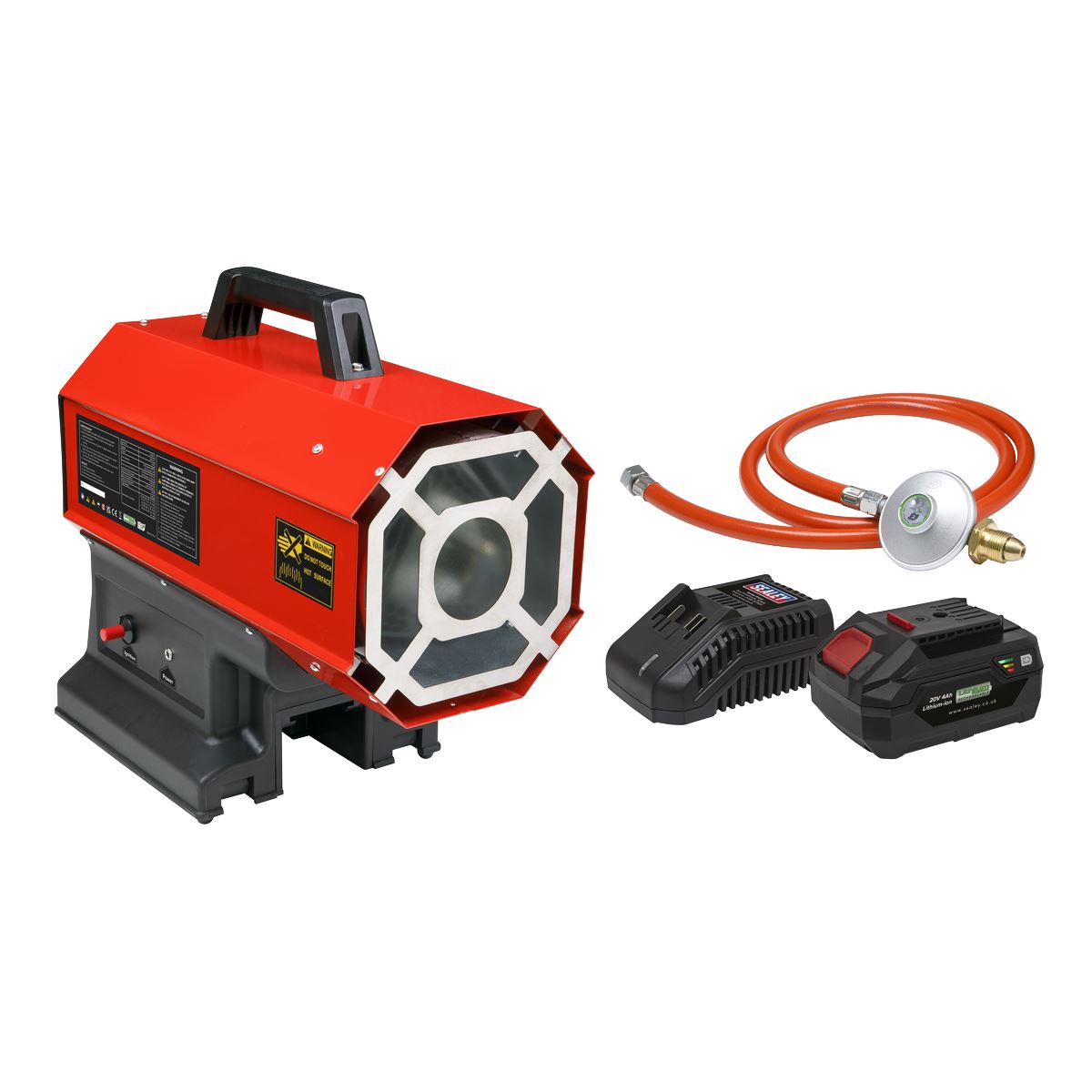 Sealey 230V Space Warmer&reg; Propane Heater 30,000-68,000Btu/hr (9-20kW) with 20V 4Ah Kit LP69CCOMBO