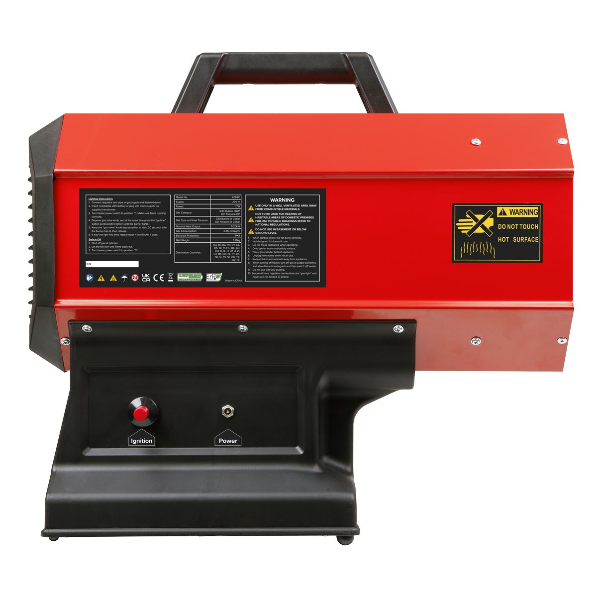 Sealey 230V Space Warmer&reg; Propane Heater 30,000-68,000Btu/hr (9-20kW) with 20V 4Ah Kit LP69CCOMBO