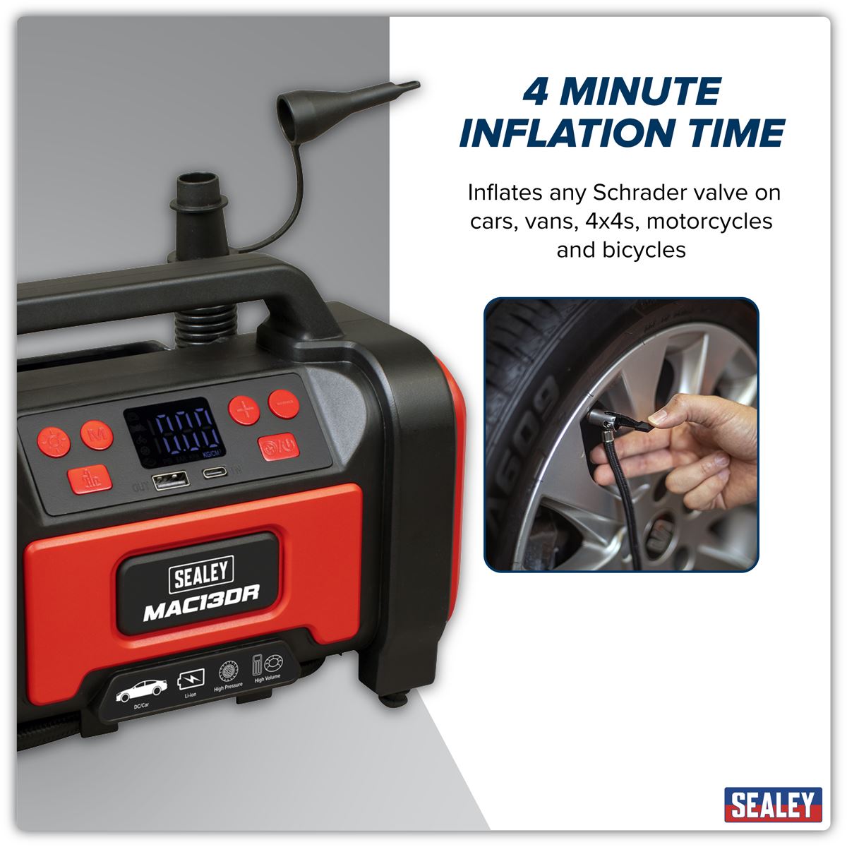 Sealey Rechargeable Tyre Inflator & High Volume Air Pump 12V 0-120psi MAC13DR