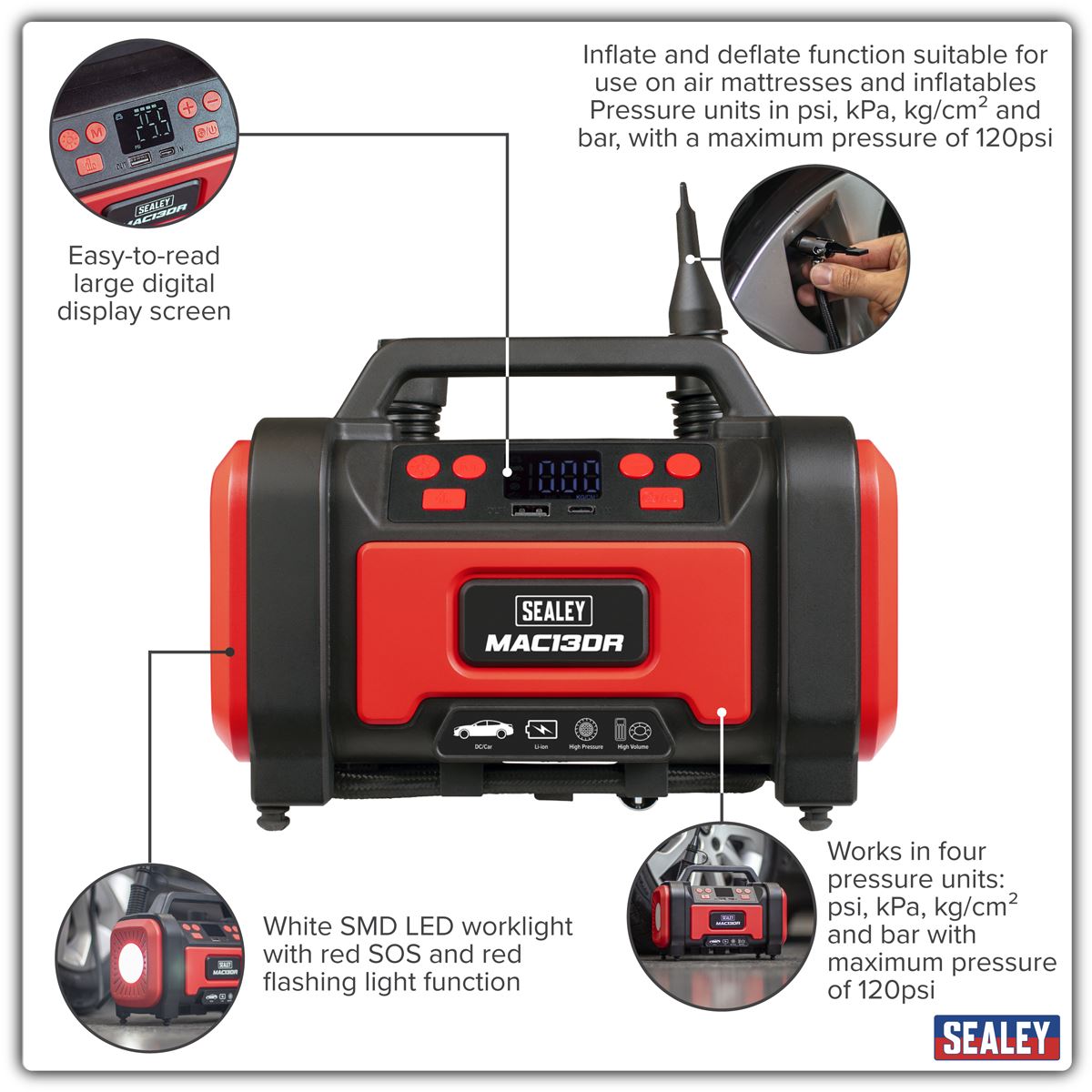 Sealey Rechargeable Tyre Inflator & High Volume Air Pump 12V 0-120psi MAC13DR