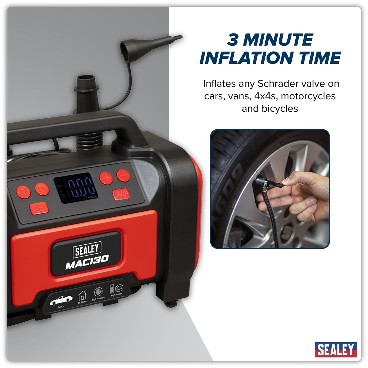 Sealey Tyre Inflator & High-Volume Air Pump 12V 230V Air Output 120psi MAC13D