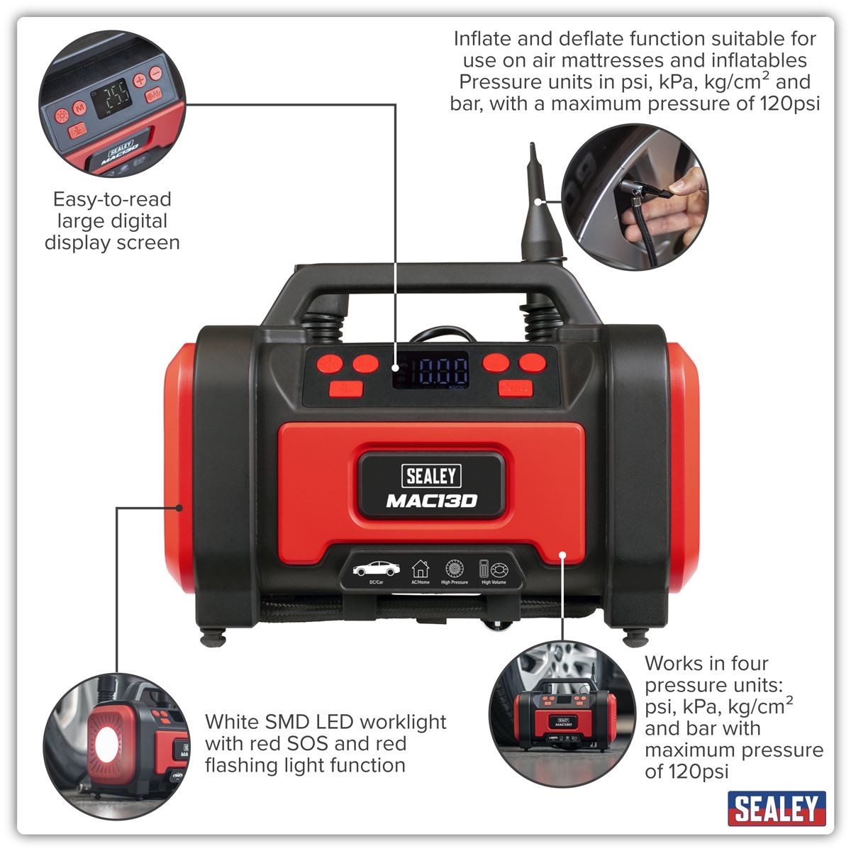 Sealey Tyre Inflator & High-Volume Air Pump 12V 230V Air Output 120psi MAC13D