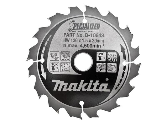 Makita B-10643 Specialized Wood Blade for Cordless Saws 136 x 20mm x 16T MAKB10643